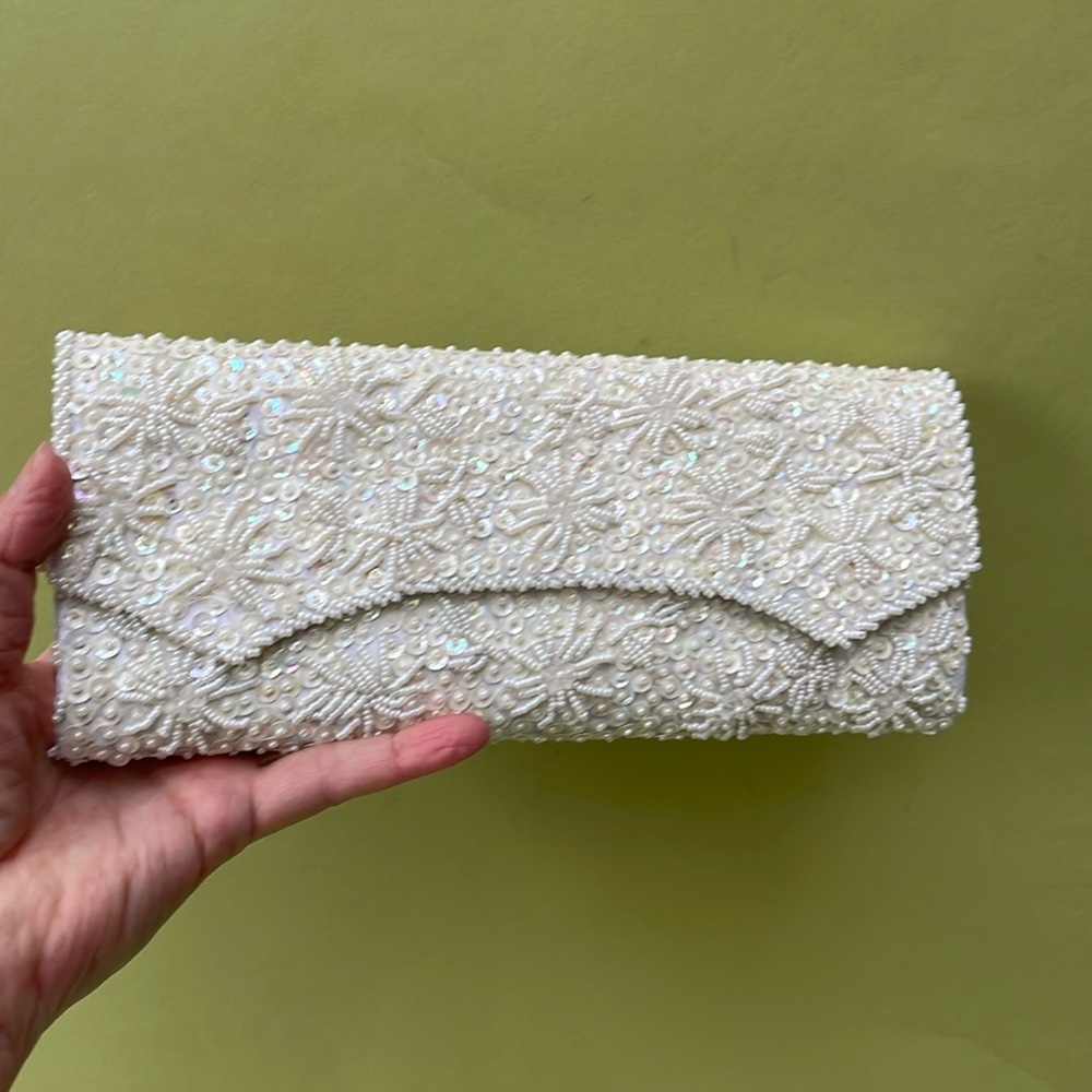 Vintage white hand beaded clutch